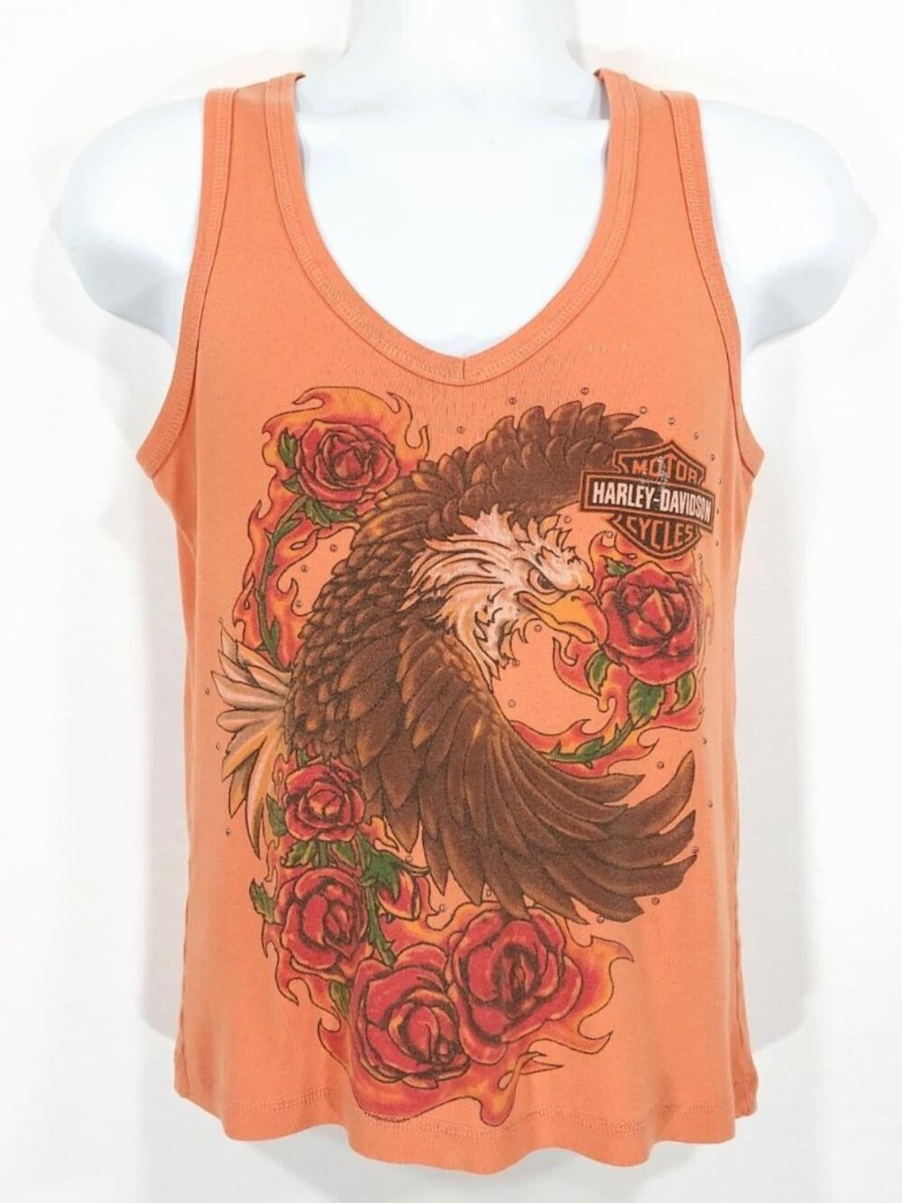 Vtg Y2k Harley Davidson Women's Bedazzled Orange Tank Top Eagle Flame Roses Sz M
